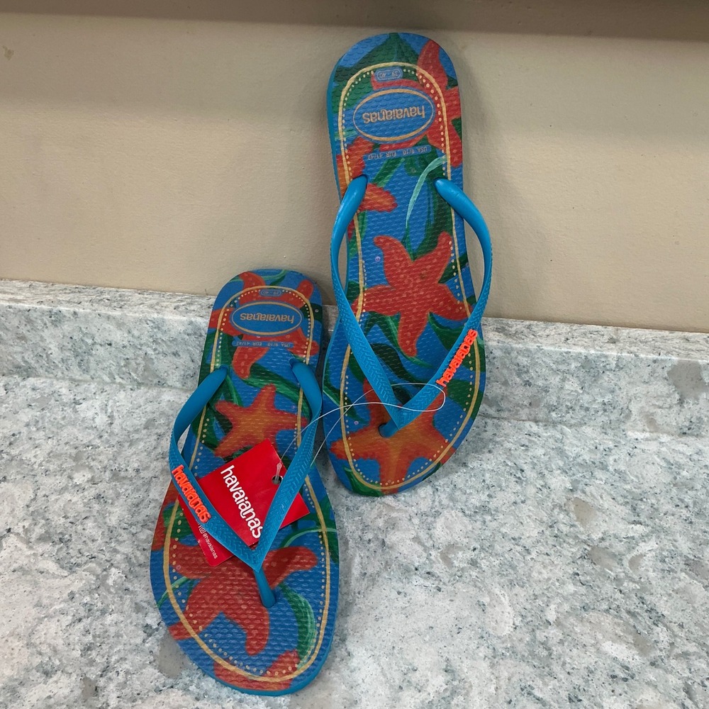 Havaianas Flip Flops Slim Tropical Size 9/10 Turquoise Starfish Print Sandals